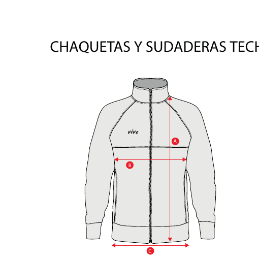 Dibujo del proveedor de la chaqueta Tech con las medidas A de alto, B de ancho y C de bajo