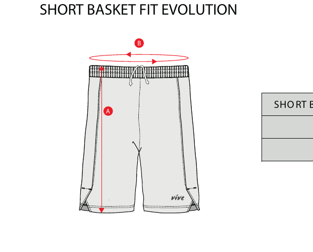 Dibujo del proveedor del pantalón corto Basket Fit con las medidas A de alto y B de cintura